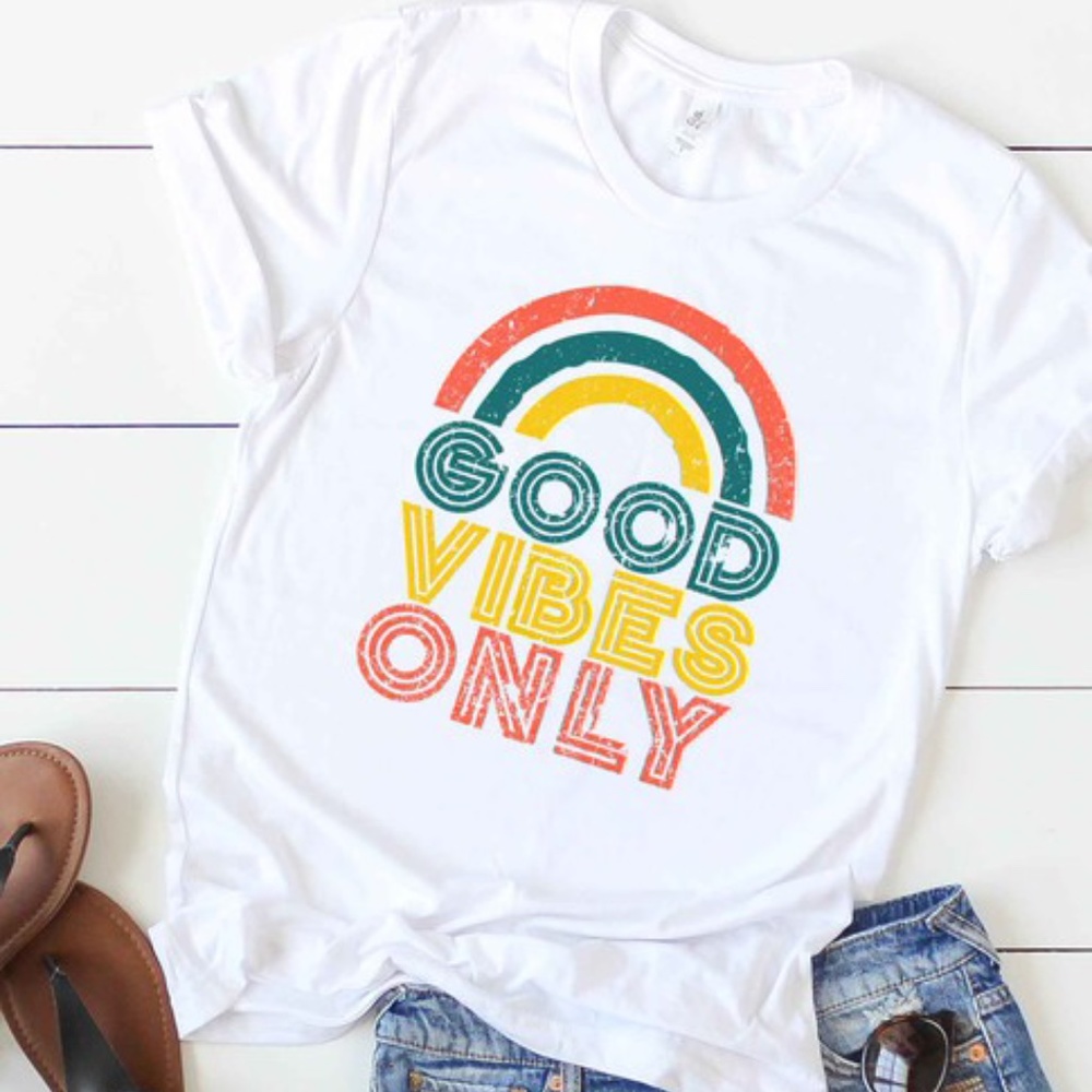 GOOD VIBES ONLY rainbow graphic tee white